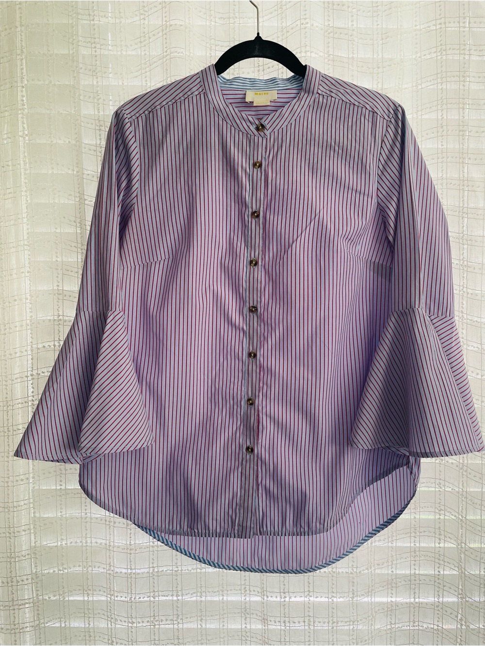 Maeve Striped Button-Up in Light Blue and Red with bell sleeves